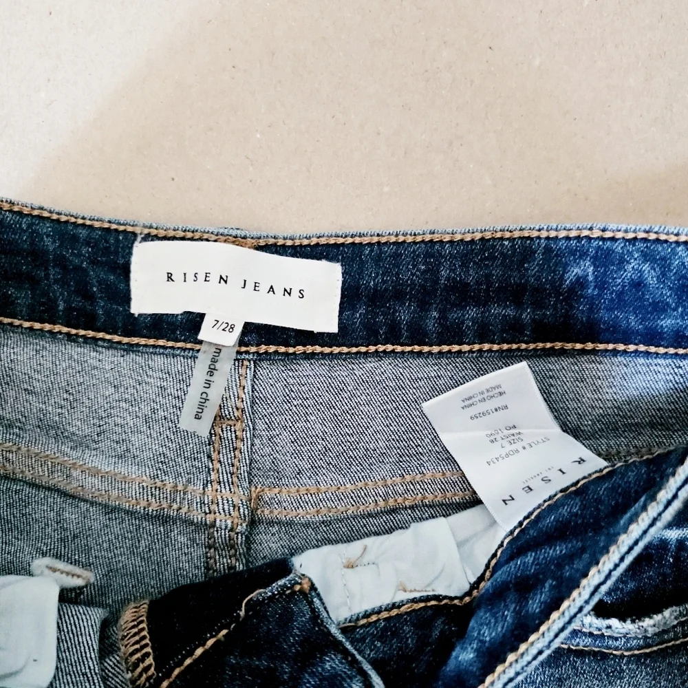 Risen High Rise Dark Wash Rhinestone Embellished Seam Straight Ankle Jeans 7/28 - Picture 13 of 13